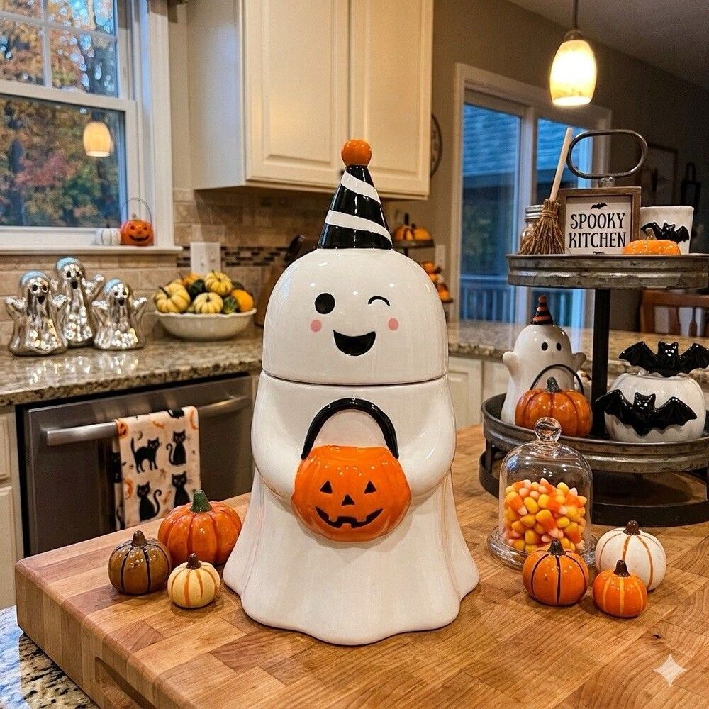 Charming Ceramic Winking Ghost Halloween Canister / Cookie Jar Trick Or Treat